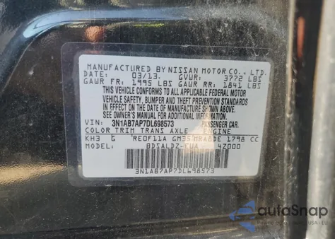 2013 Nissan Sentra S z USA, uszkodzony, nr VIN 3N1AB7AP7DL698573